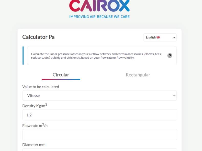 Calculator duct pressure drop Cairox